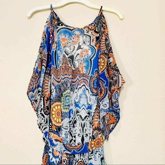 ROBBIE BEE Chiffon midi Dress boho Scarf Print Cold Shoulder women’s 6 - Picture 6 of 8